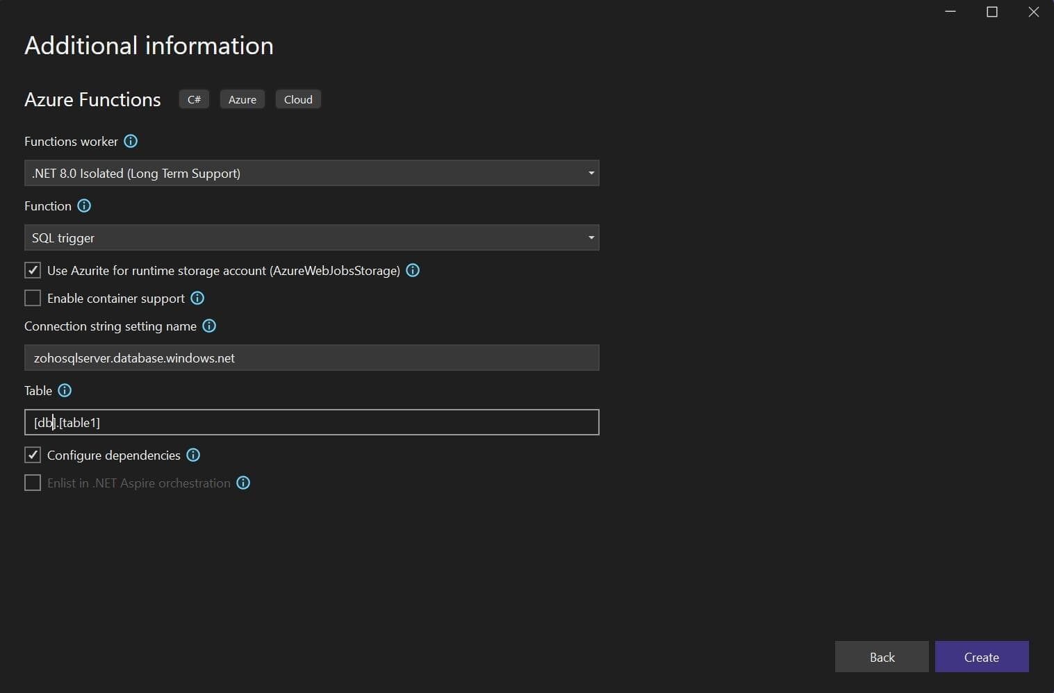 Additional information form for the SQL trigger