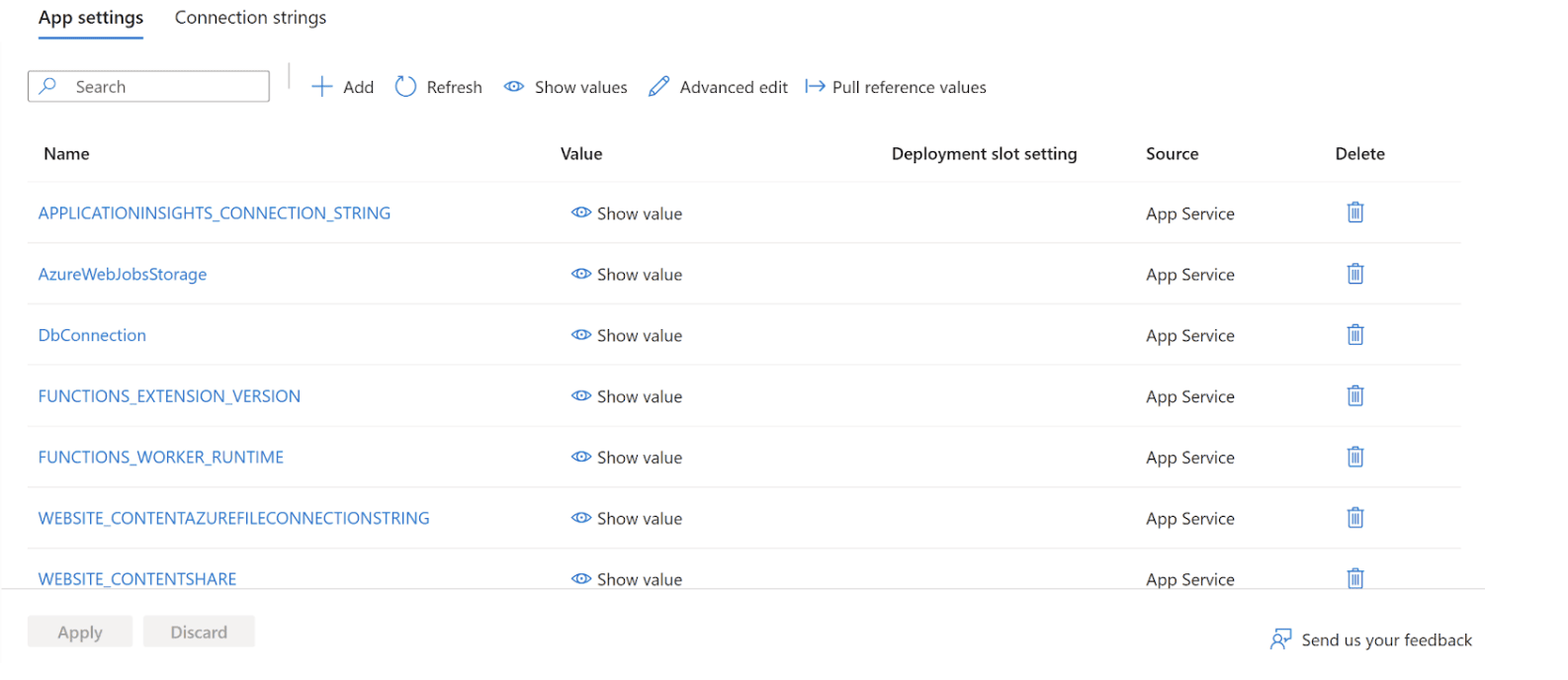 The app settings page displays connection strings in the Azure Portal