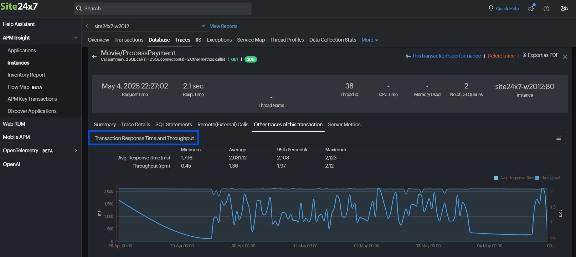 Granular view of application response times and throughput, used to identify performance bottlenecks in APM.