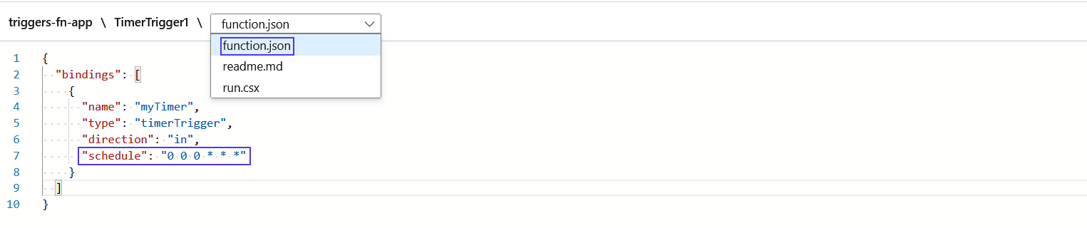 Code in Function.json file