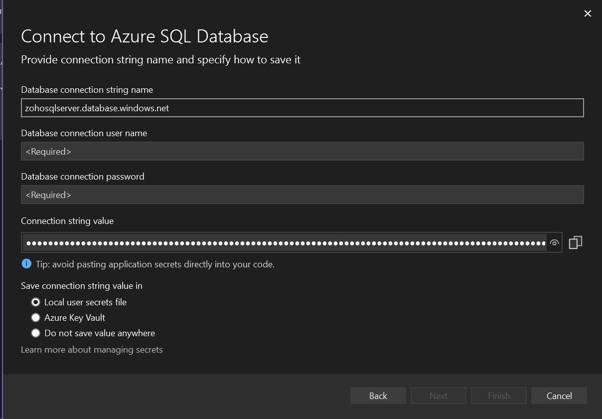The Connect to Azure SQL Database form 