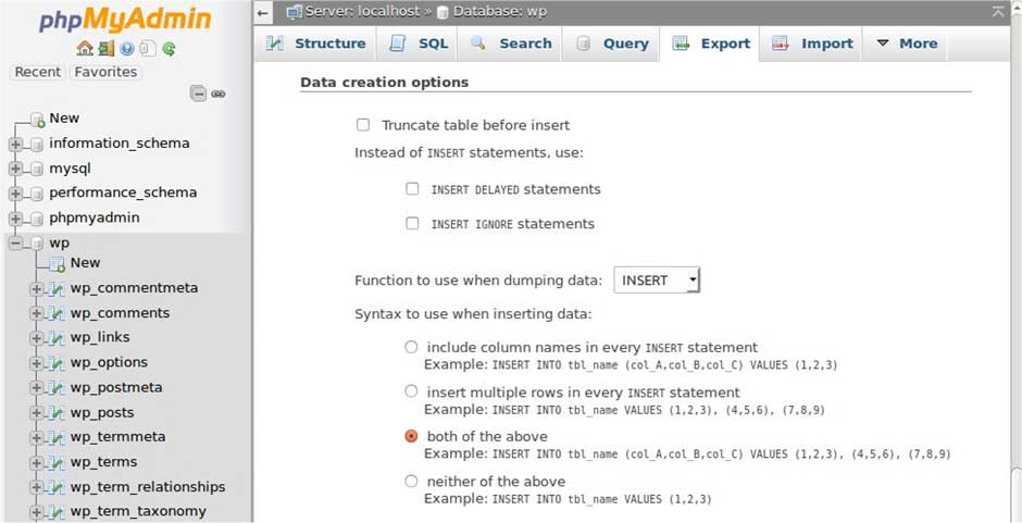 Data creation options screen