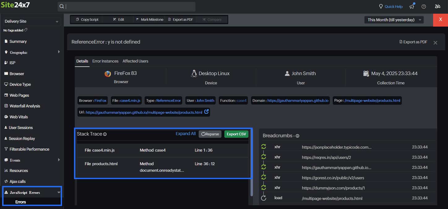 RUM tool showing stack traces, user context, and environmental data to debug client-side JavaScript errors and failures.