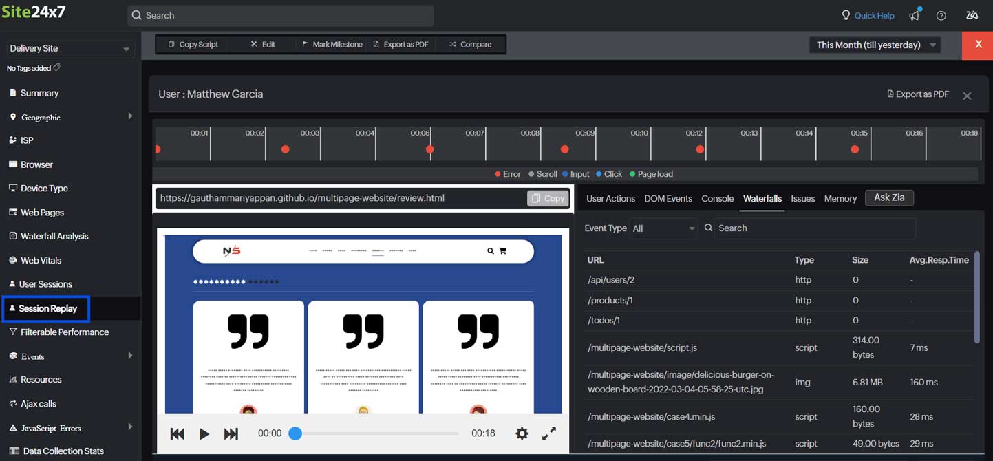 Session replay feature showing user actions, DOM events, and, water analysis for debugging issues.