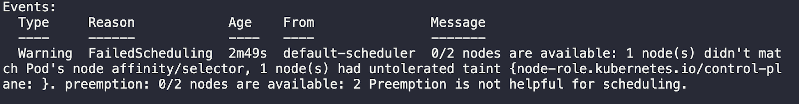 Failed scheduling event example.