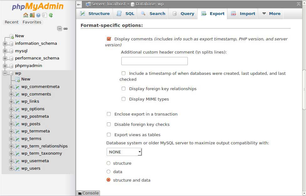 Format-specific options screen
