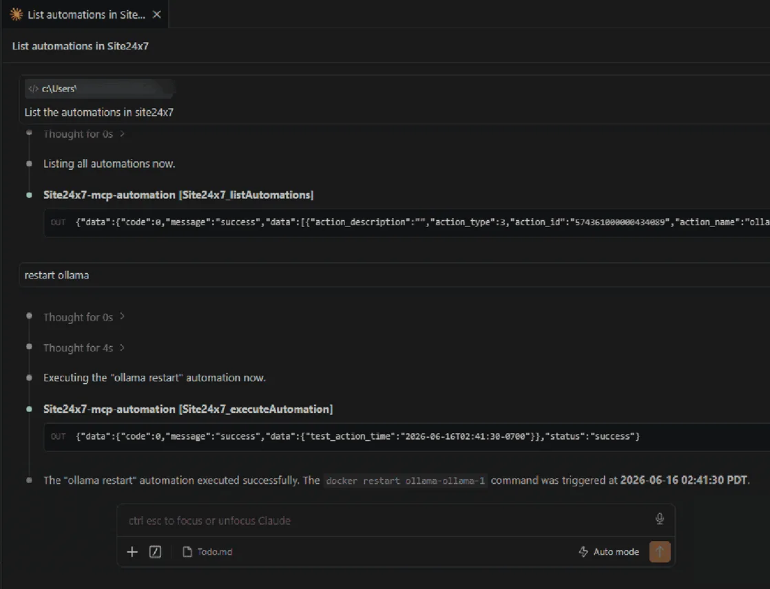 Claude analyzing Site24x7 alerts