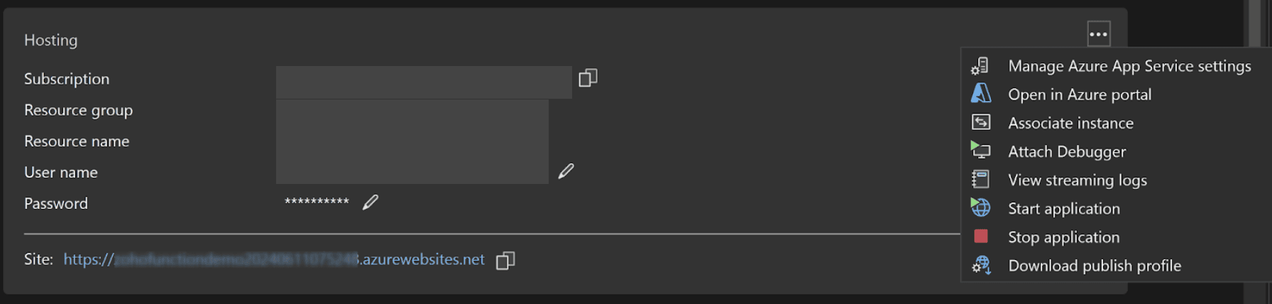 Menu in the Hosting card