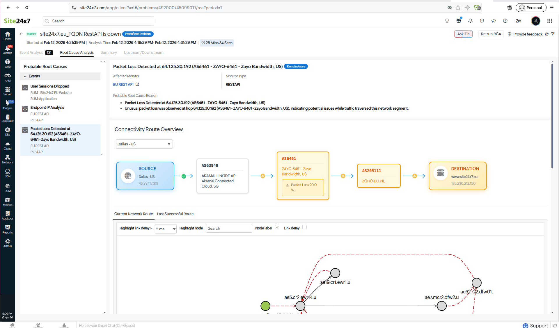 Site24x7 Root Cause Analysis showing packet loss as the probable cause of a REST API outage.