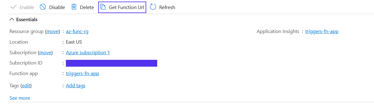 Showing the Get Function URL