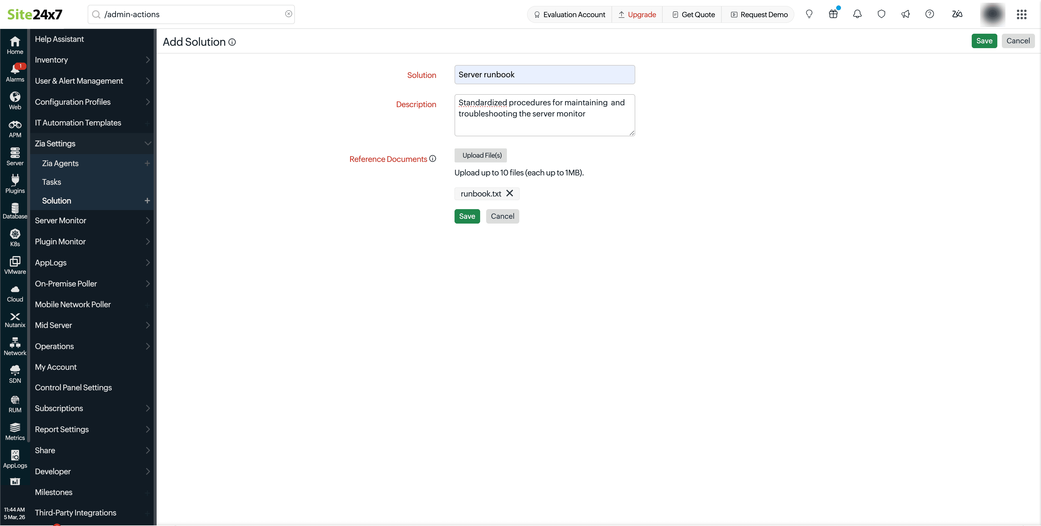 Add Solution form in Site24x7 Zia Settings showing a server runbook description and reference document upload