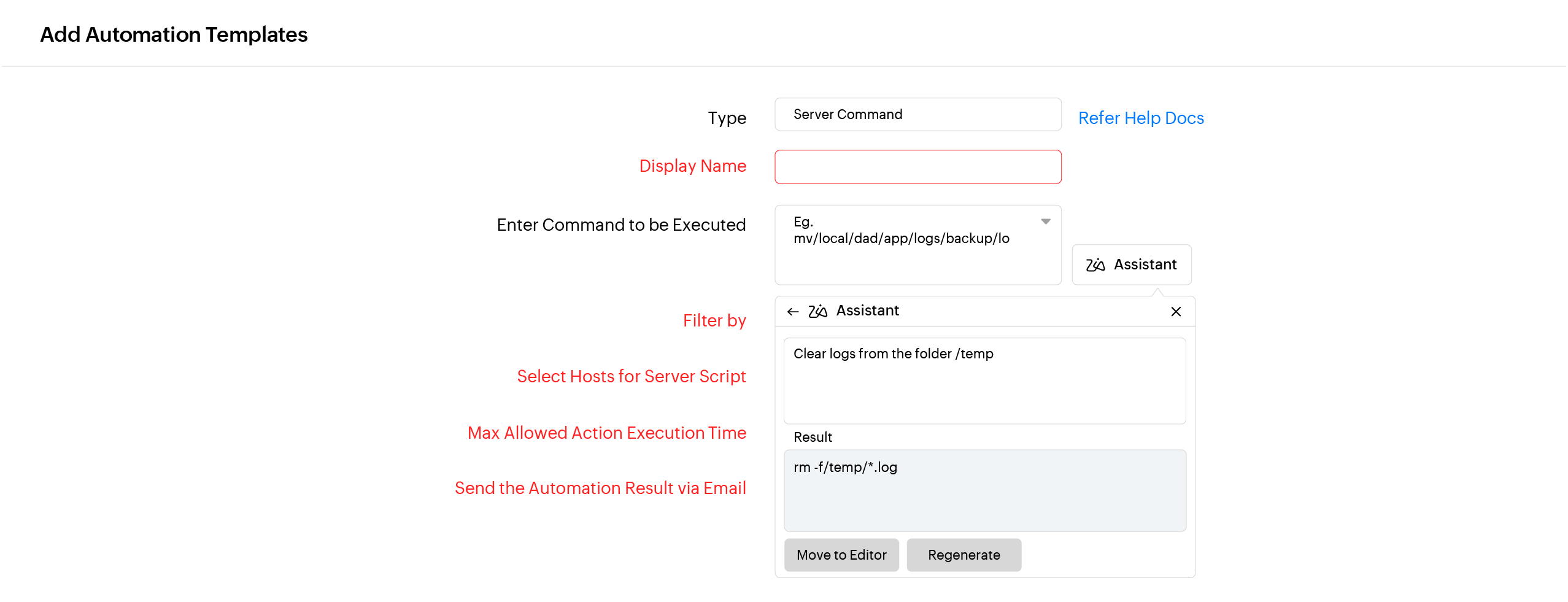 Zia Assistant generating IT automation scripts, log patterns, and custom plugins from a plain-language description.