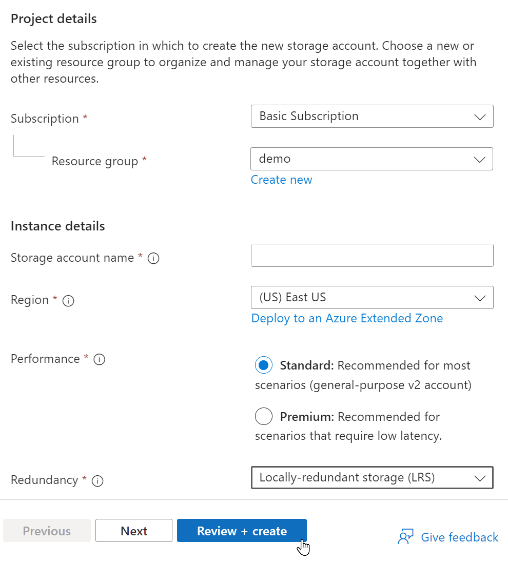 Storage account creation form