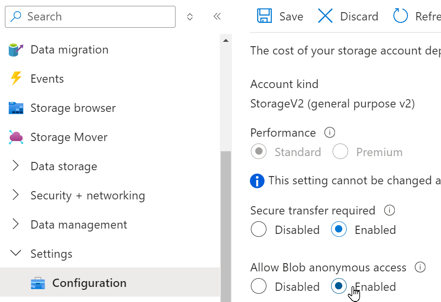 Storage account settings